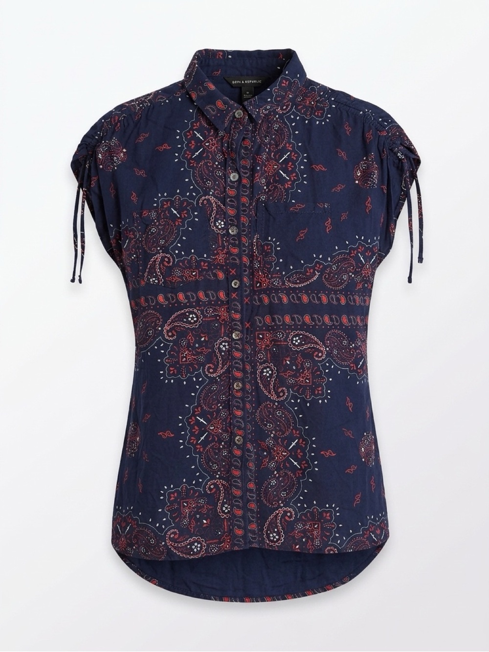 Rock & Republic Paisley Dagger Cinch-Tie Sleeveless Button-Down Top